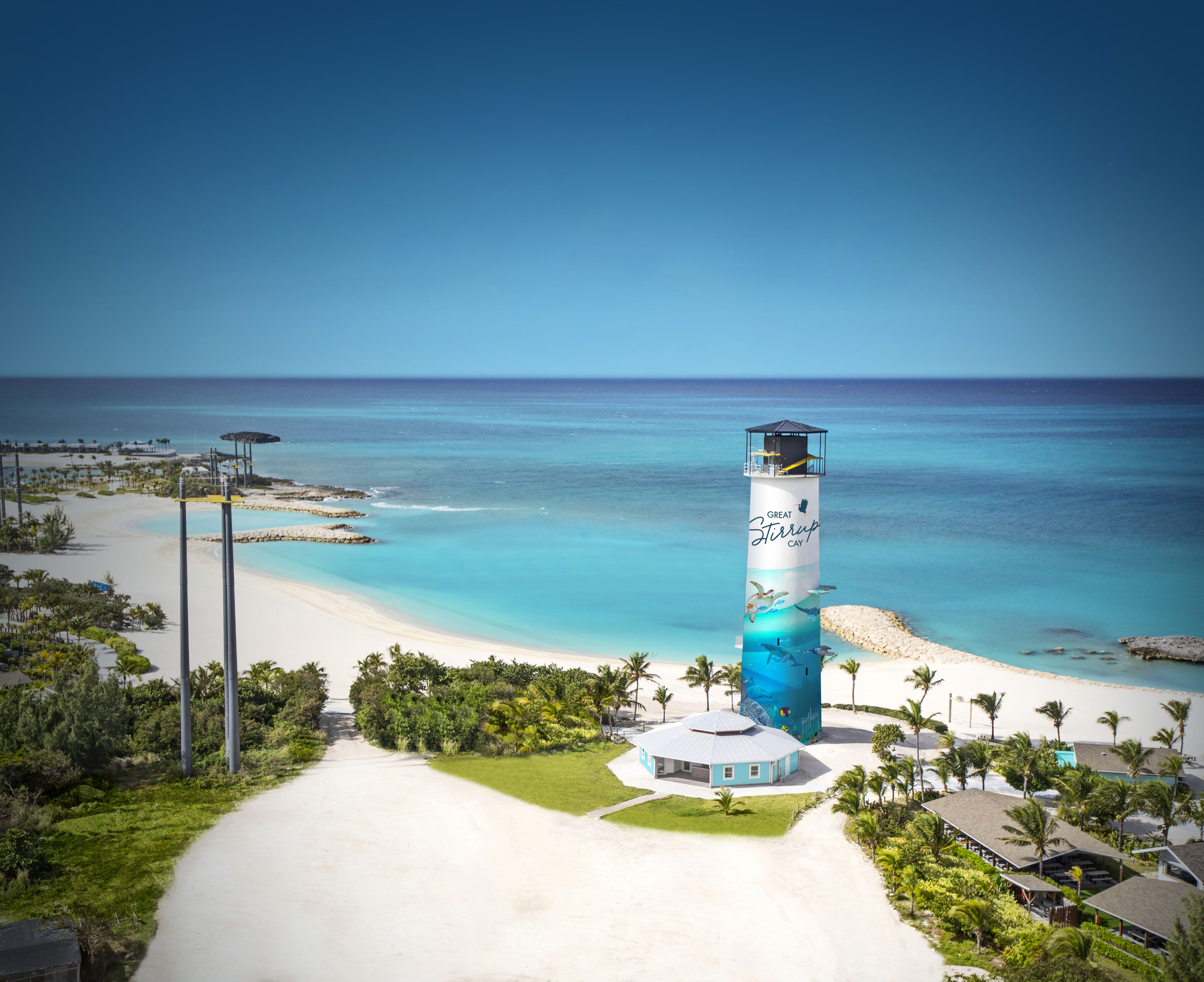 Norwegian's Great Stirrup Cay, featuring white sand beaches, turquoise waters, and a white lighthouse painted with the blue ocean and various sea creatures, including turtles, dolphins, sharks, rays, and fish.