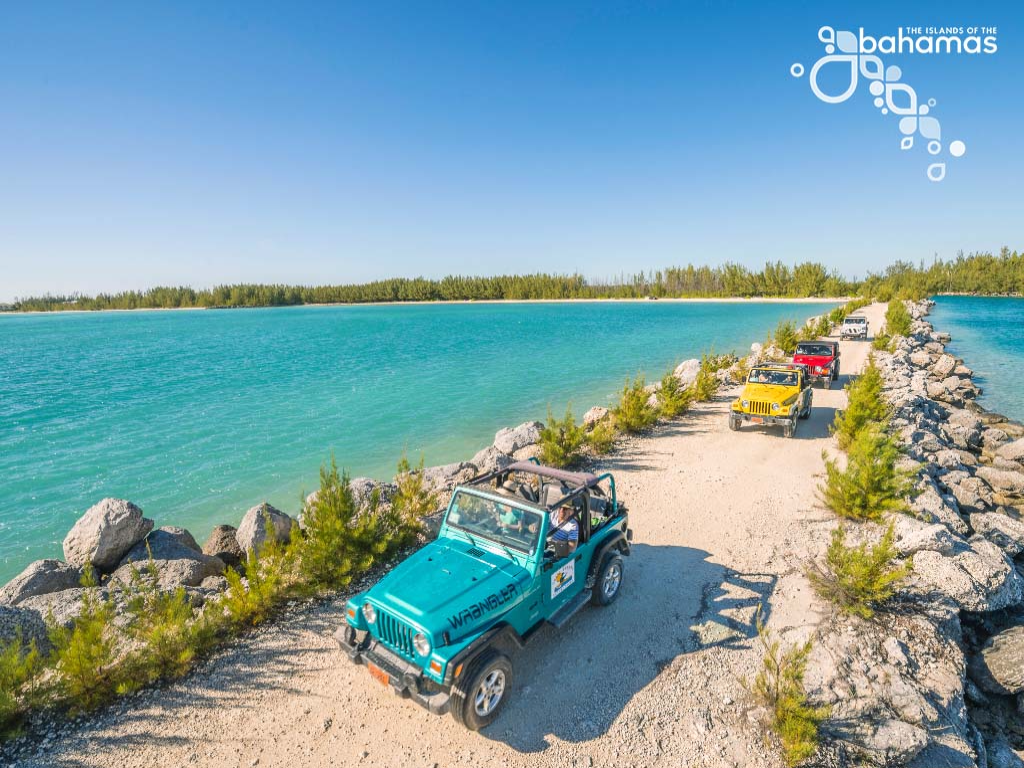 Blue, yellow, red, and white jeeps drive down a dirt road, surrounded by turquoise waters.