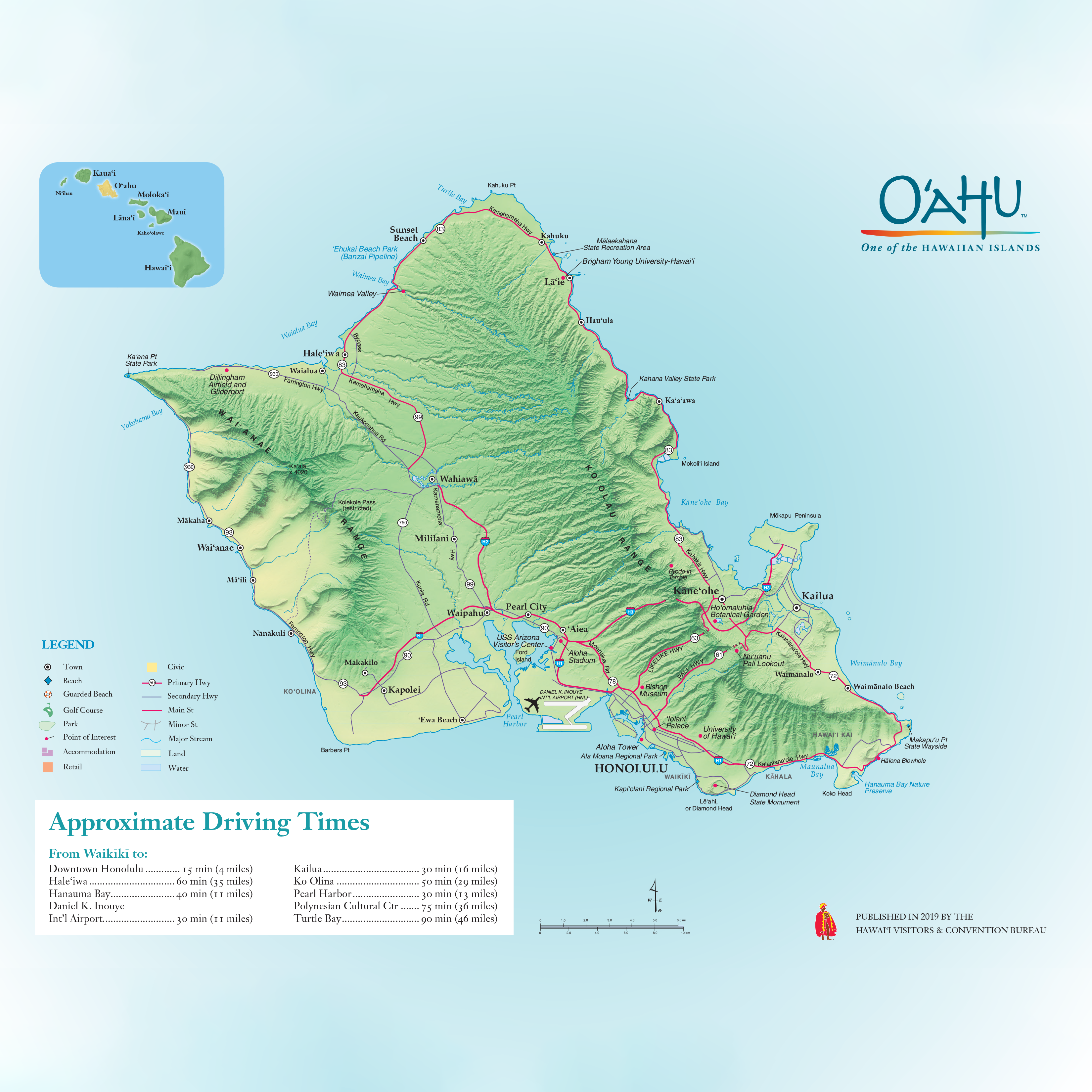 A map of O'ahu with approximate driving times from Waikiki to popular destinations.

Downtown Honolulu: 15 min (4 miles)
Hale‘iwa: 60 min (35 miles)
Hanauma Bay: 40 min (11 miles)
Daniel K. Inouye Natural Area
Int’l Airport: 30 min (11 miles)
Kailua: 30 min (16 miles)
Ko Olina: 50 min (29 miles)
Pearl Harbor: 30 min (13 miles)
Polynesian Cultural Ctr: 75 min (36 miles)
Turtle Bay: 90 min (46 miles)

PUBLISHED IN 2019 BY THE
HAWAI‘I VISITORS & CONVENTION BUREAU