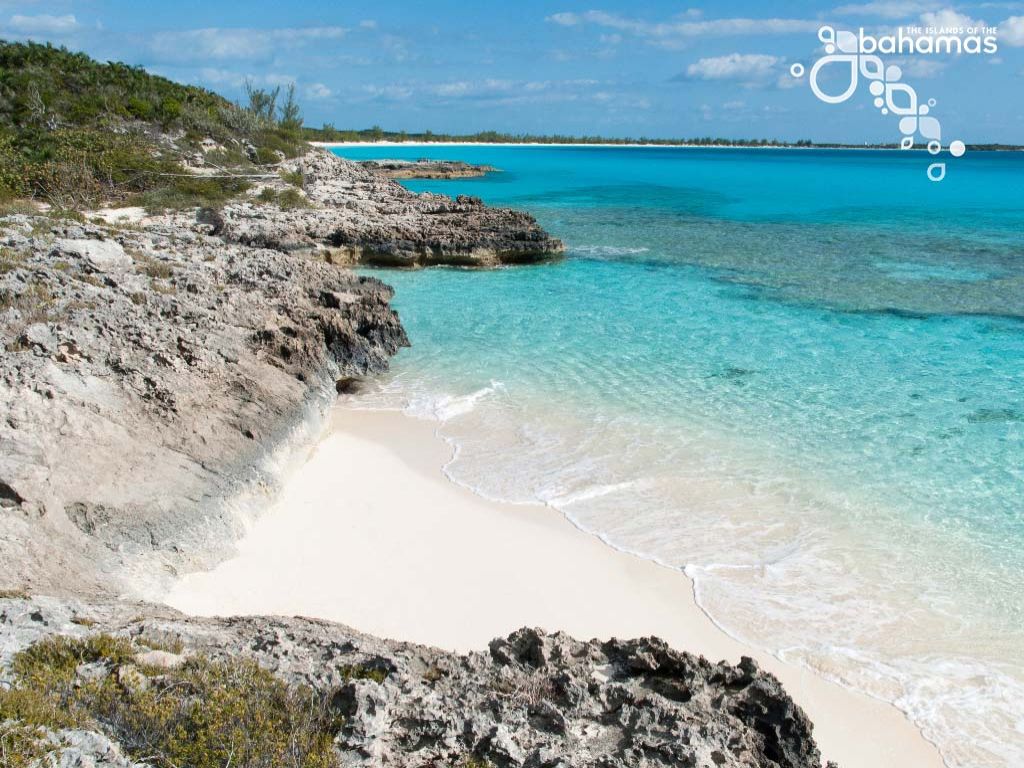 Clear turquoise waters, white sand, and reefs surrounding San Salvador.