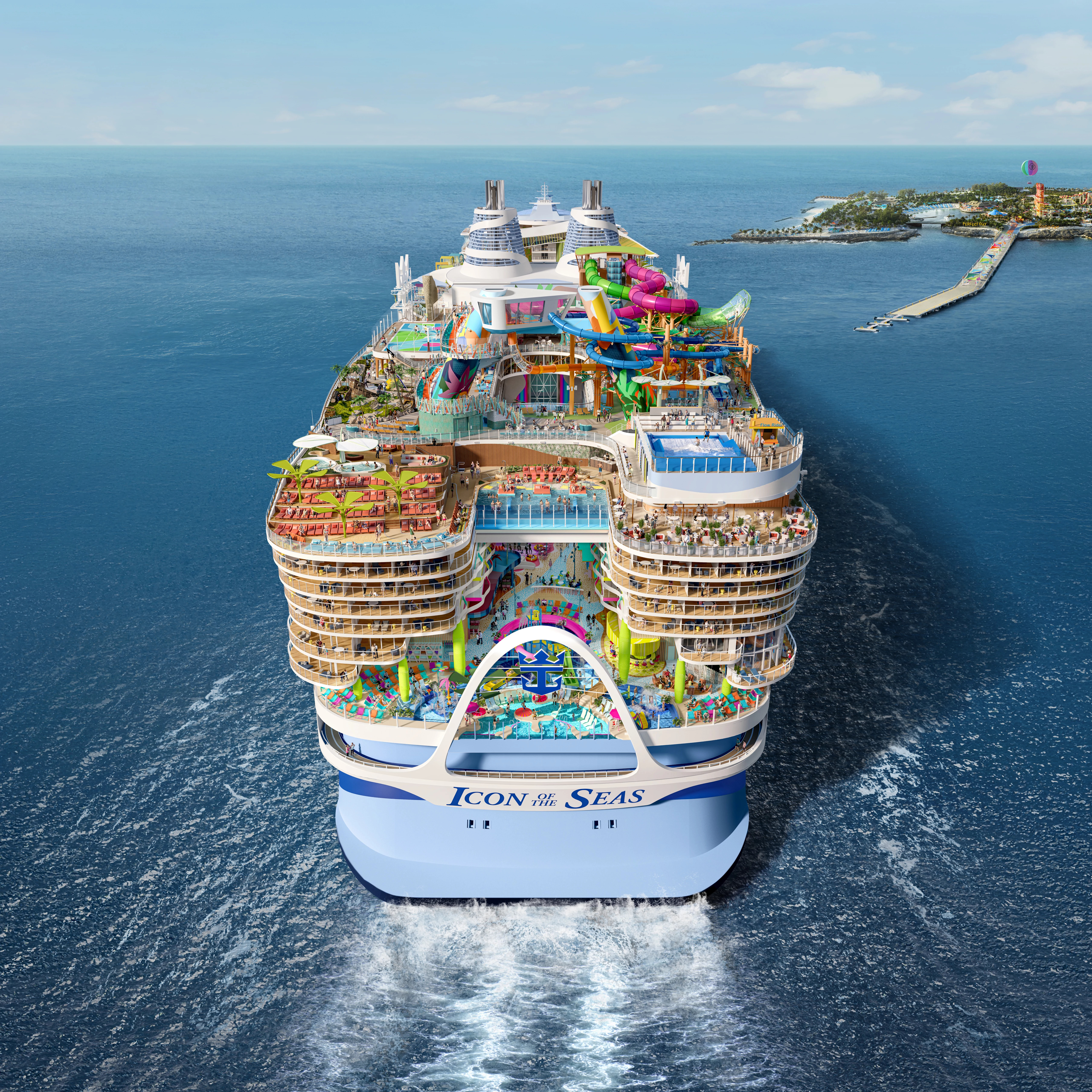 Royal Caribbean's Icon of the Seas sailing towards Perfect Day at CocoCay.